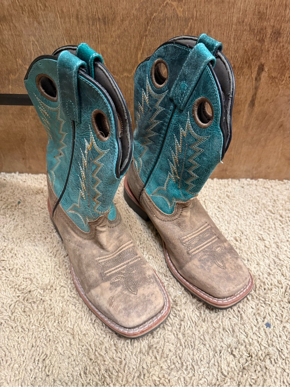 Kids Teal and Brown Pull-On Western Boots